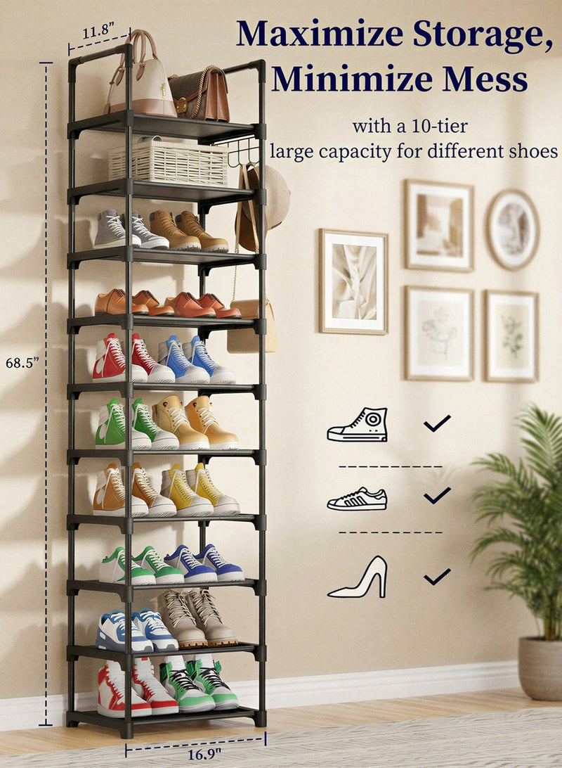 ZIMNEST Shoe Rack - 10-Tier Shoe Organizer with Detachable Fabric Shelves & Metal Frame, Tall Shoe Rack for Closet, Entrance, Living Room, 16.9" x 11.8" x 68.5", Black - Image 4